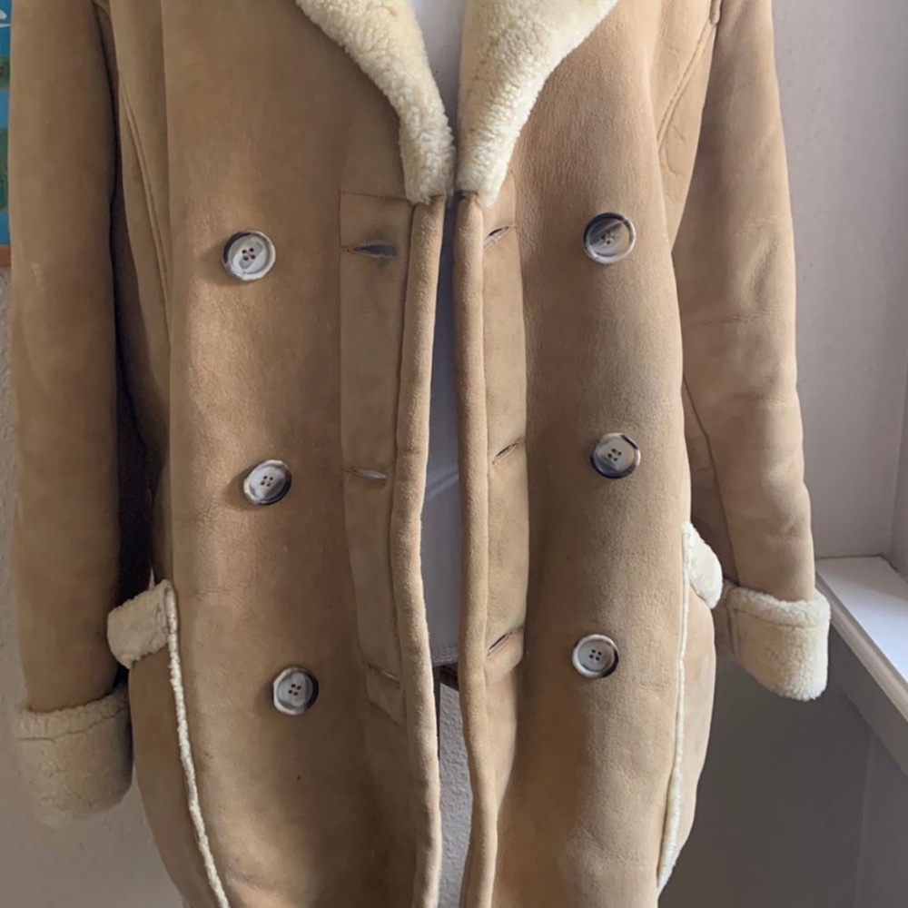 VINTAGE KISTLER SHEEPSKIN SHEARLING COAT JACKET TAN SUEDE 70S WOMENS L - Picture 3 of 13